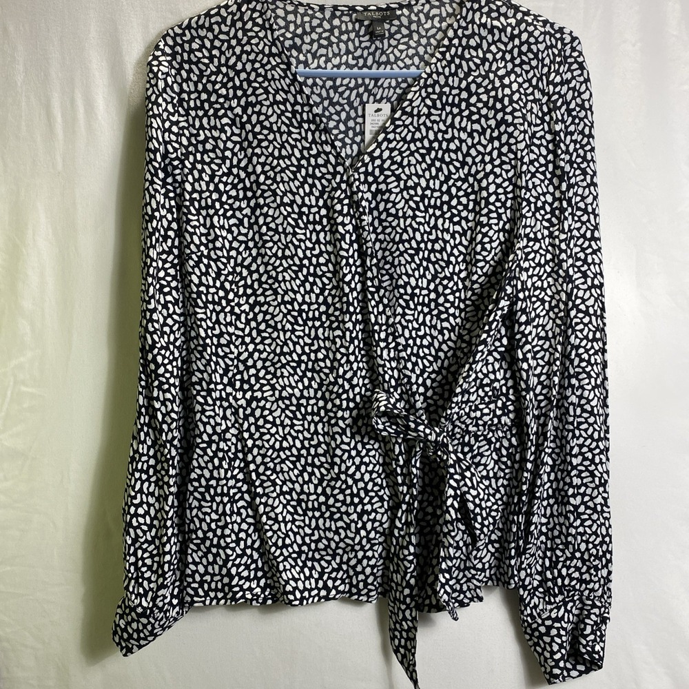 Designer Faux Wrap Talbots Womens Blouse Cotton Blend LP Black White